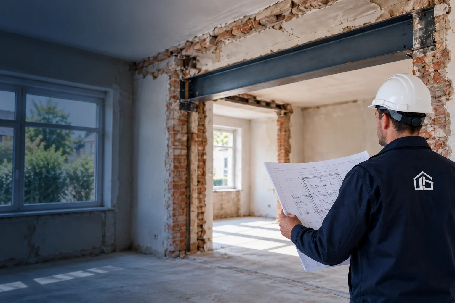 Illustratieve constructeur met bouwtekening bij een doorbraak met stalen ligger